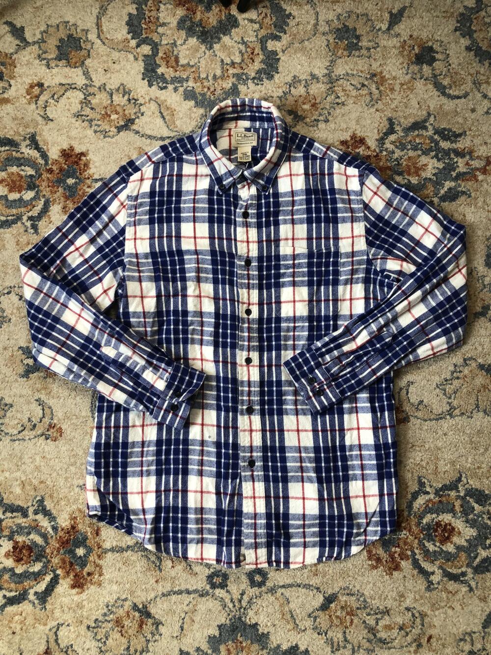 LL Bean Shirt Mens Medium Blue White Red Plaid Flannel Traditional Fit Pocket